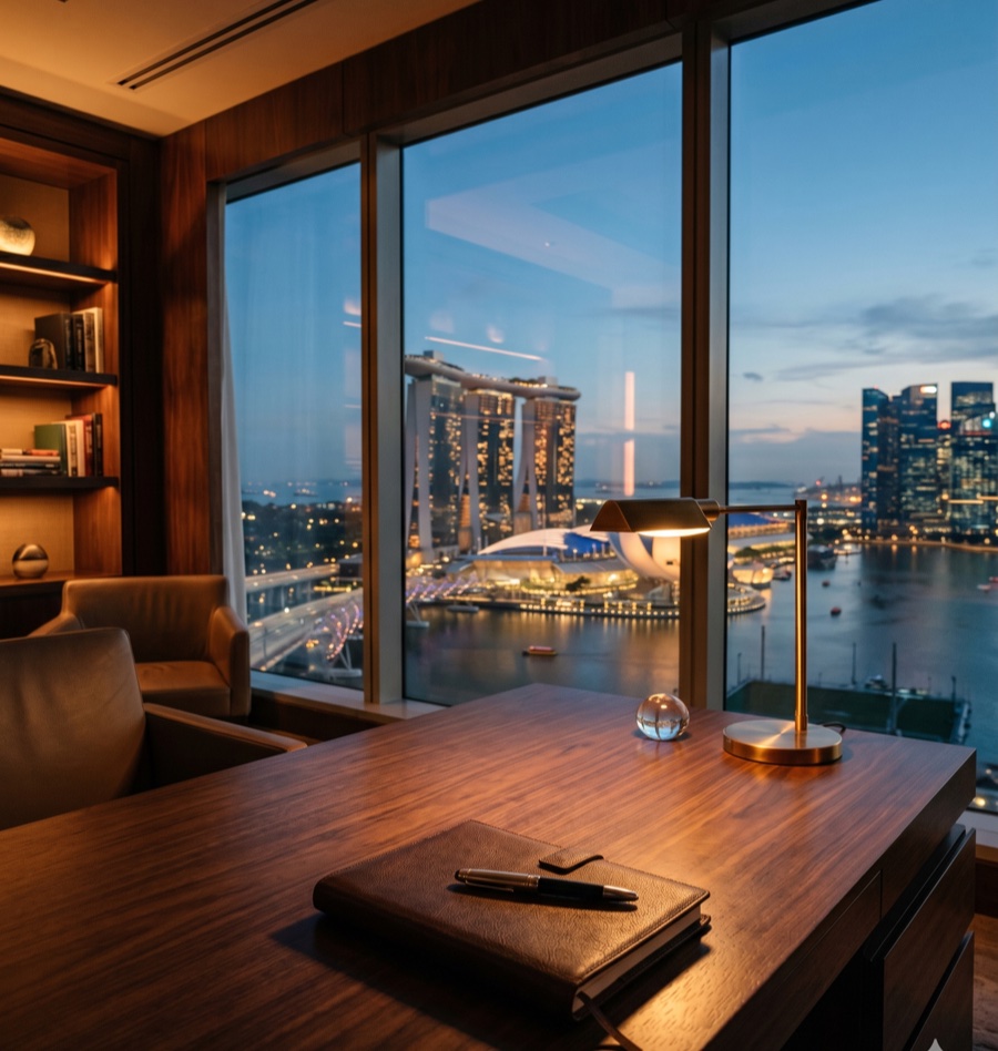 Executive office overlooking Singapore Marina Bay at dusk
