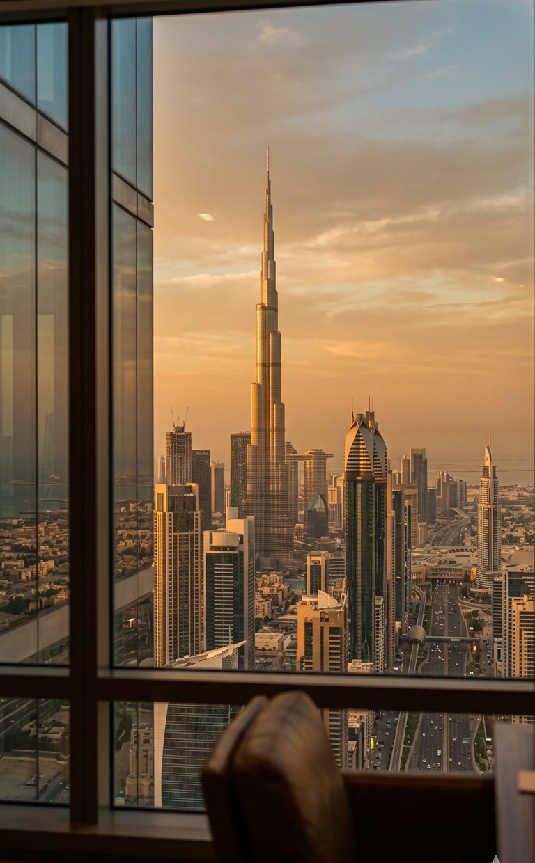 Dubai skyline with Burj Khalifa at golden hour